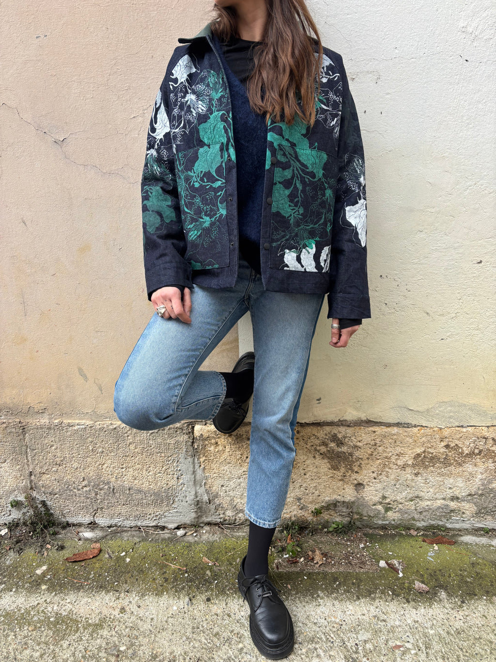 SITOLAB BOX DENIM JACKET WITH FLORAL PRINT