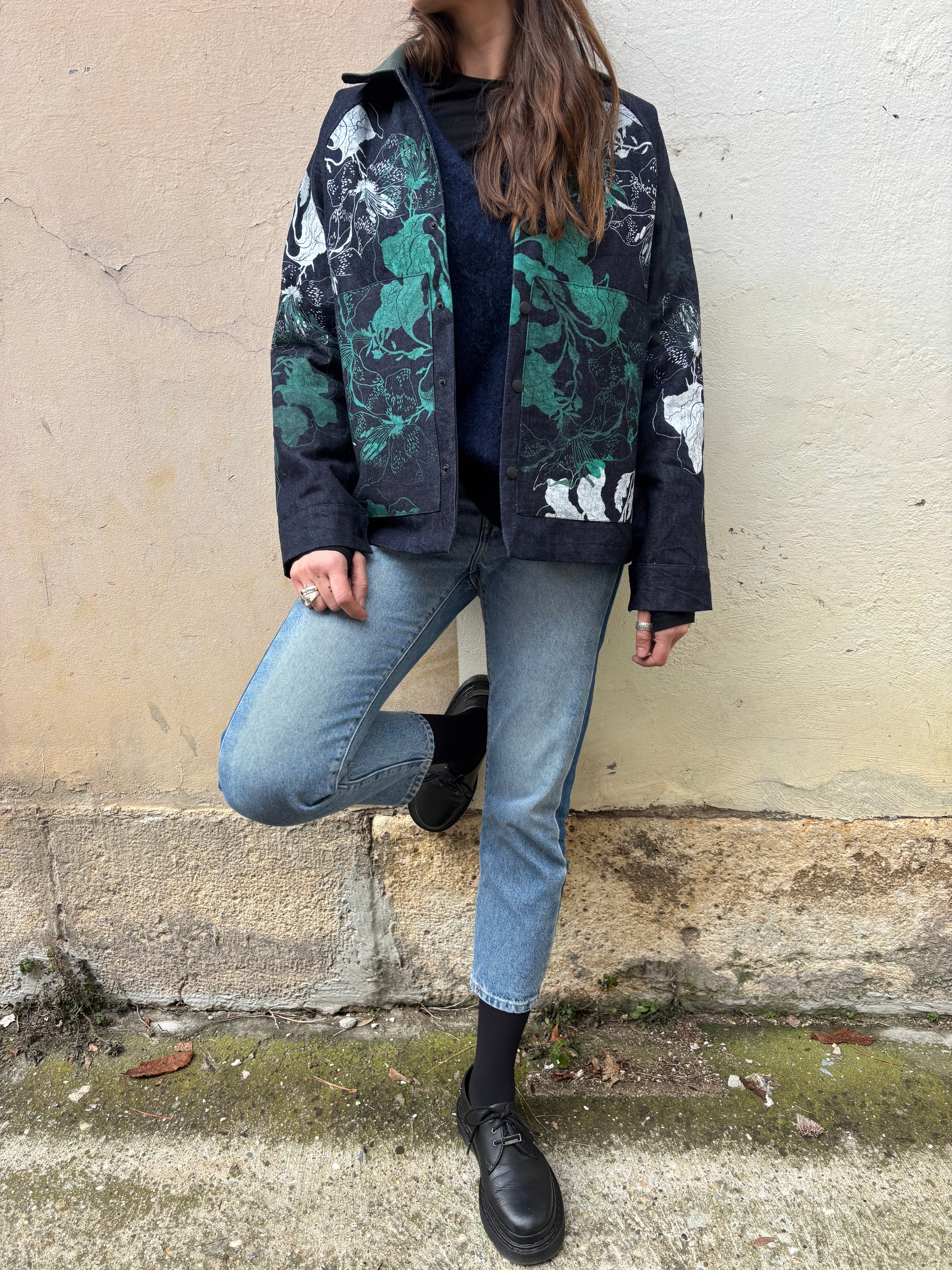 SITOLAB BOX DENIM JACKET WITH FLORAL PRINT