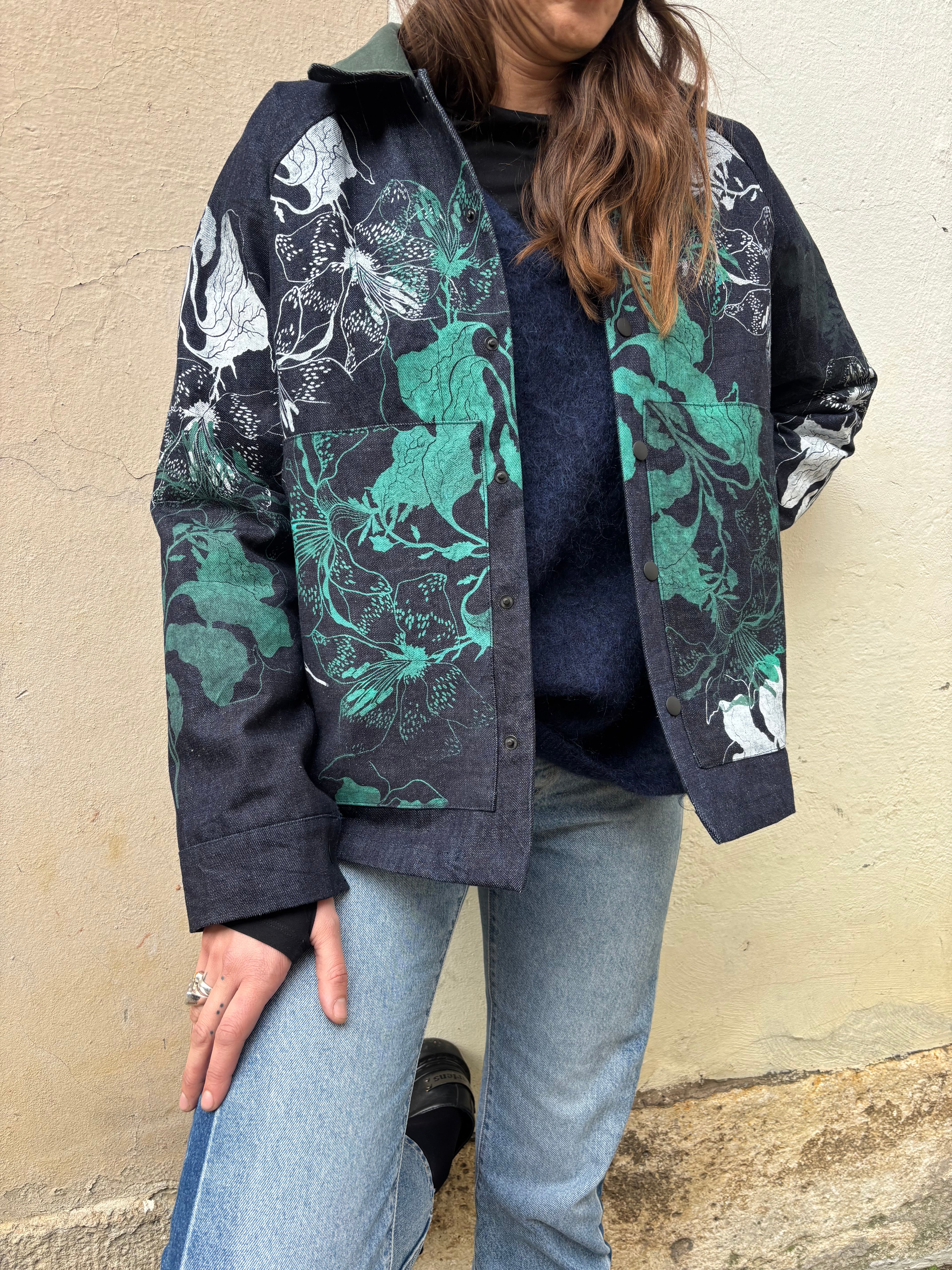 SITOLAB BOX DENIM JACKET WITH FLORAL PRINT