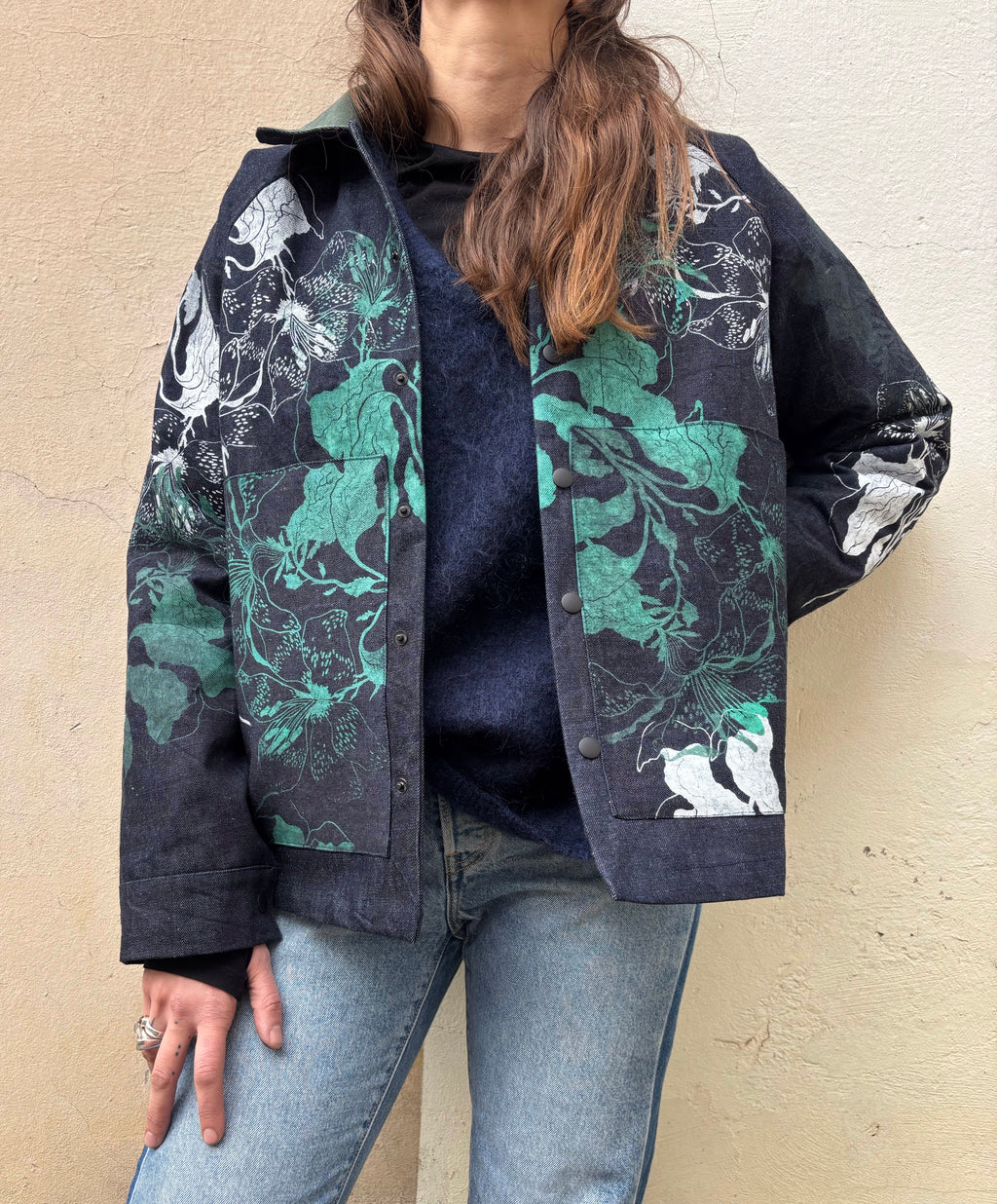 SITOLAB BOX DENIM JACKET WITH FLORAL PRINT