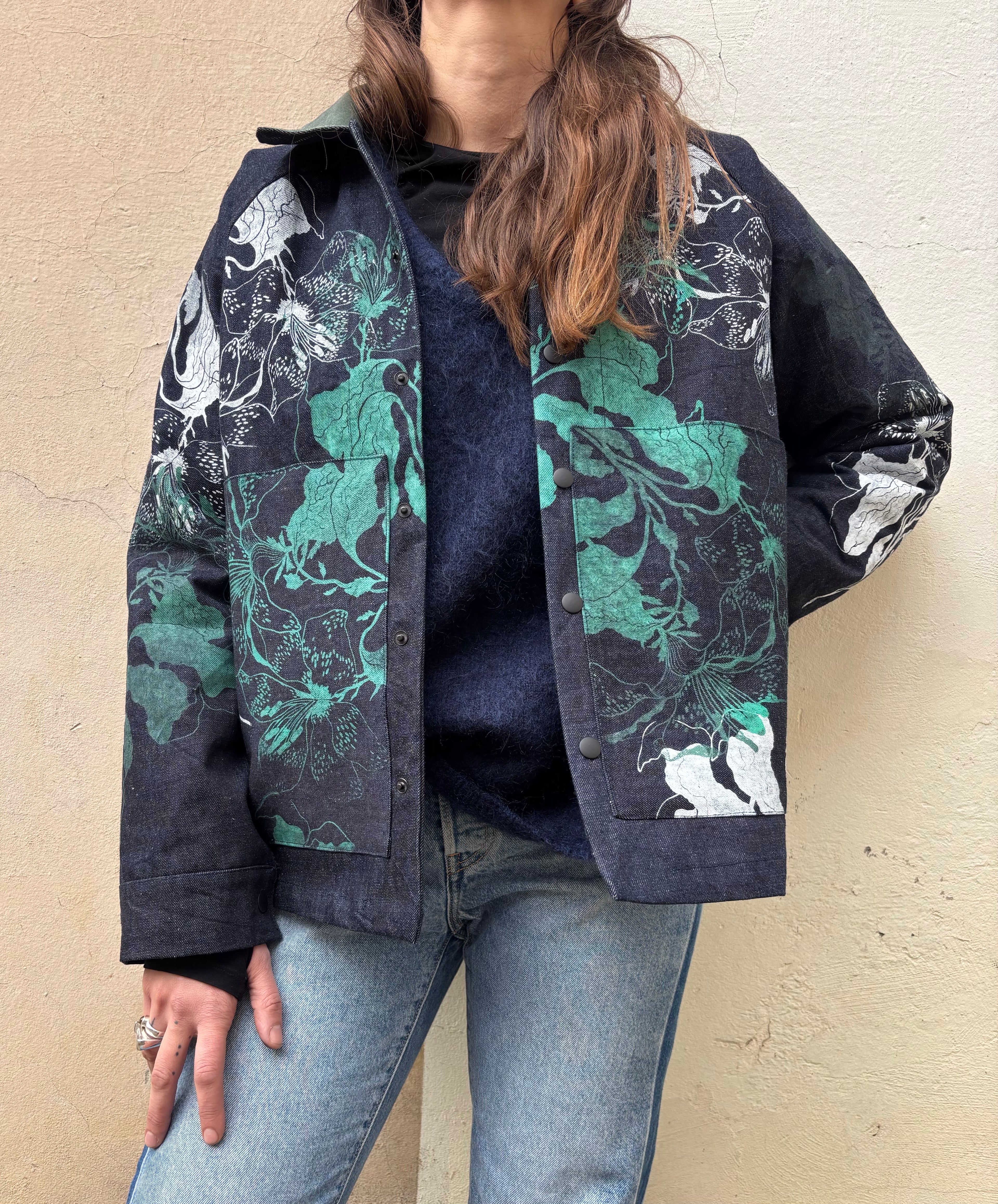 SITOLAB BOX DENIM JACKET WITH FLORAL PRINT
