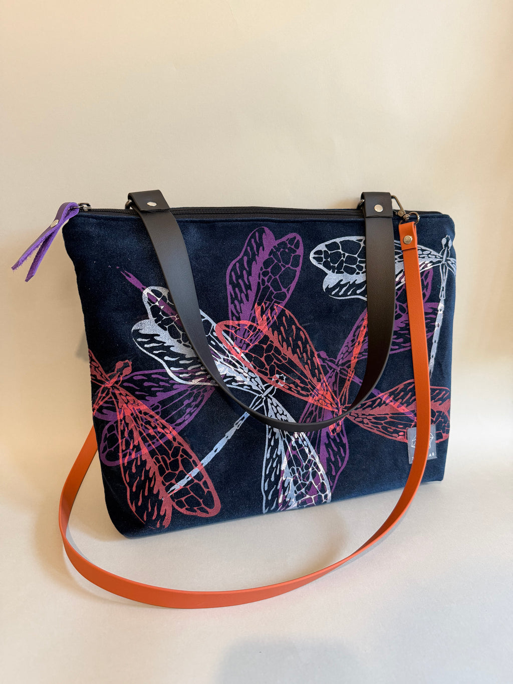 SITOLAB VELVET BLUE DRAGONFLY PINK PRINT BAG