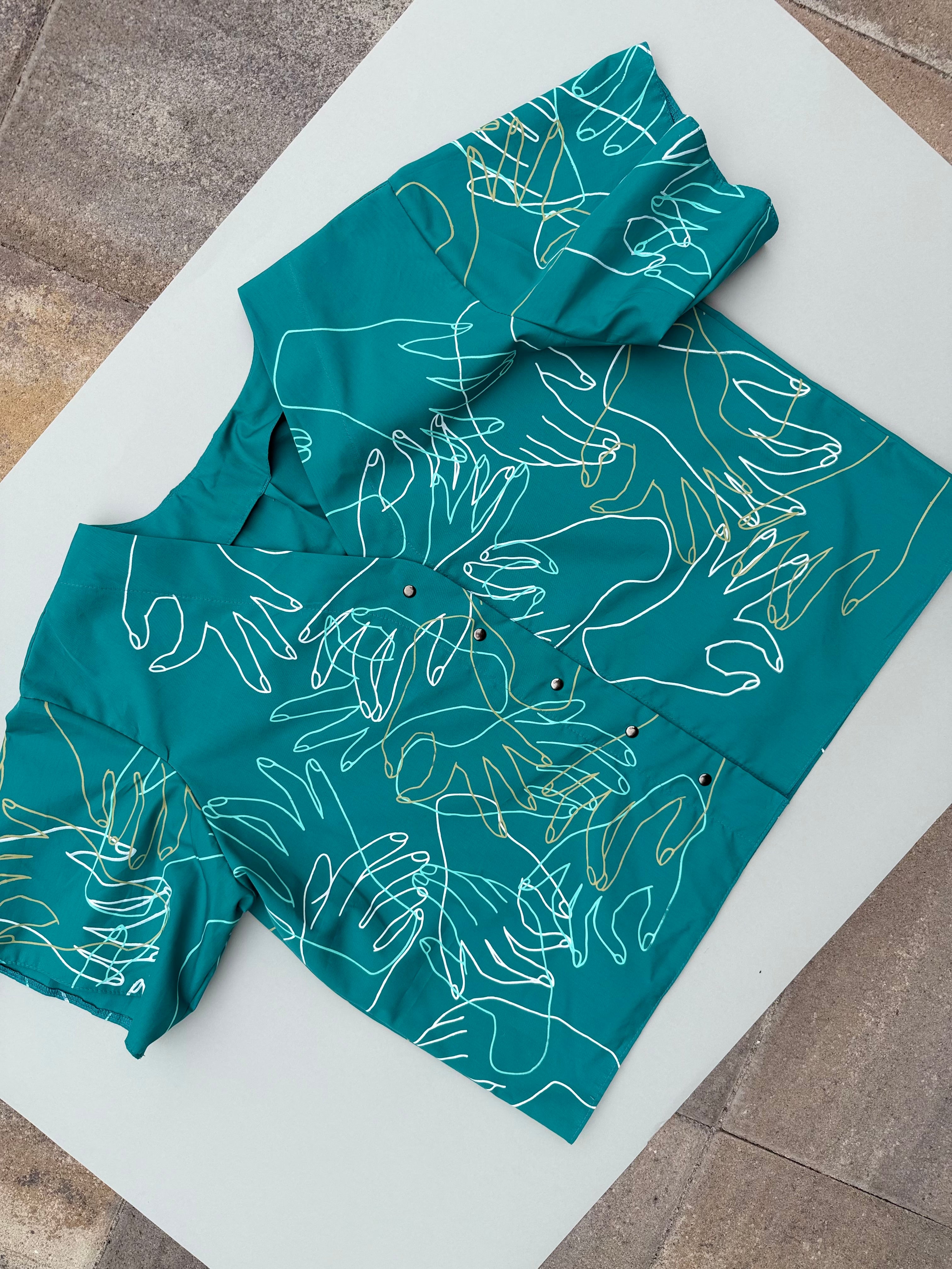 SITOLAB TURQUOISE HANDS PRINT MINI SHIRT