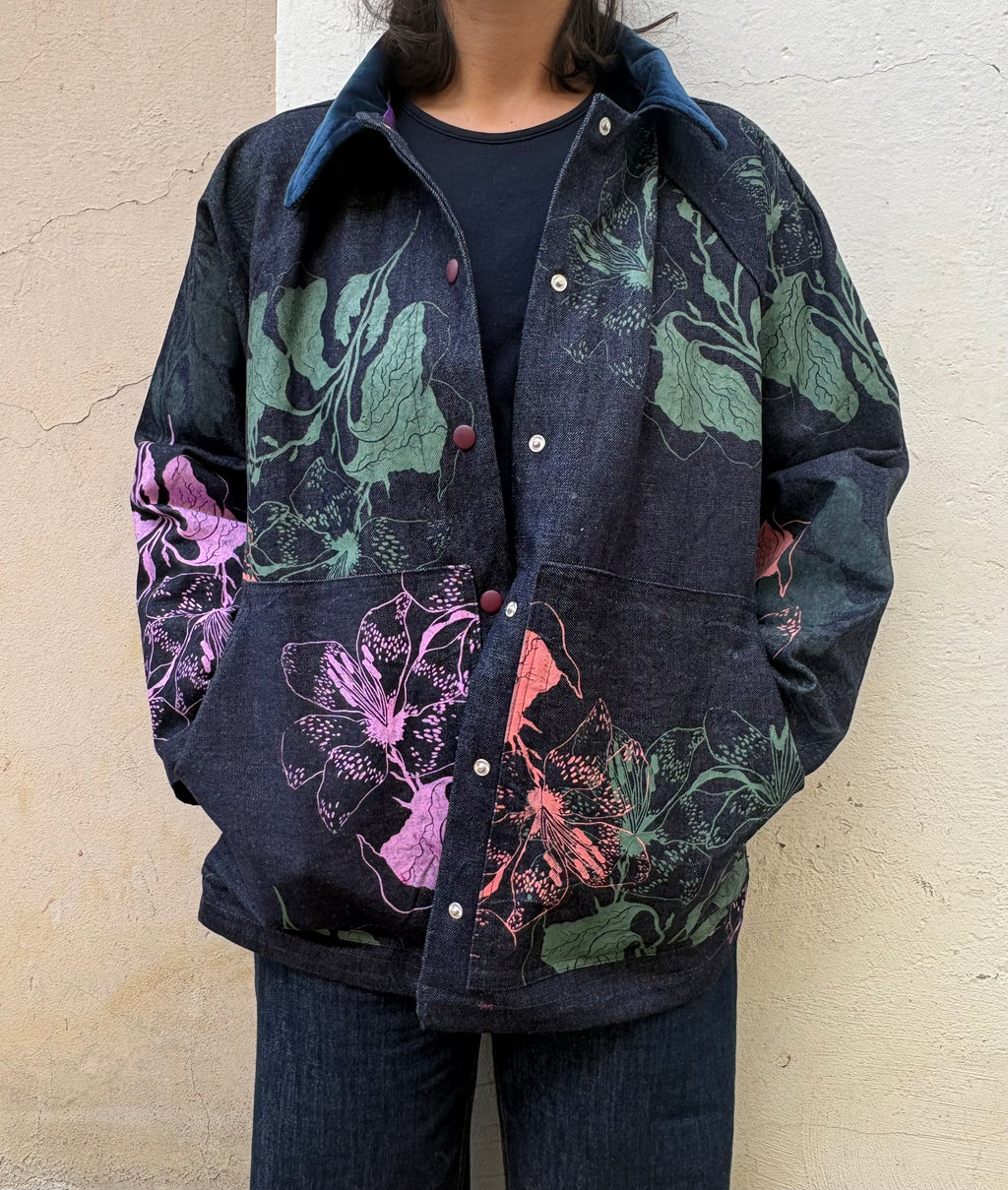 SITOLAB BOX DENIM JACKET WITH FLORAL PRINT