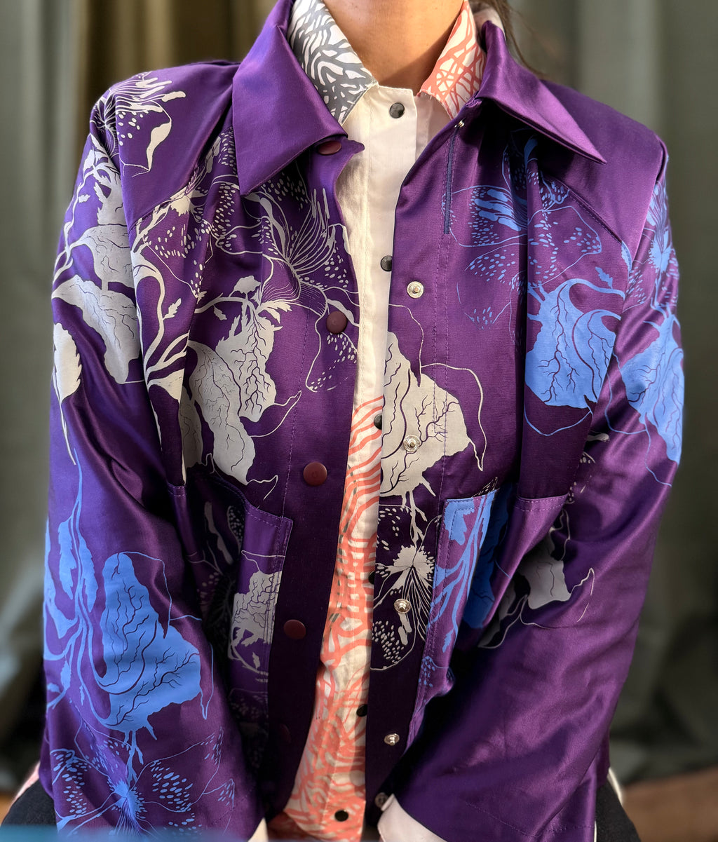 SITOLAB VIOLET SATIN BOX SHIRT/JACKET FLORAL PRINT
