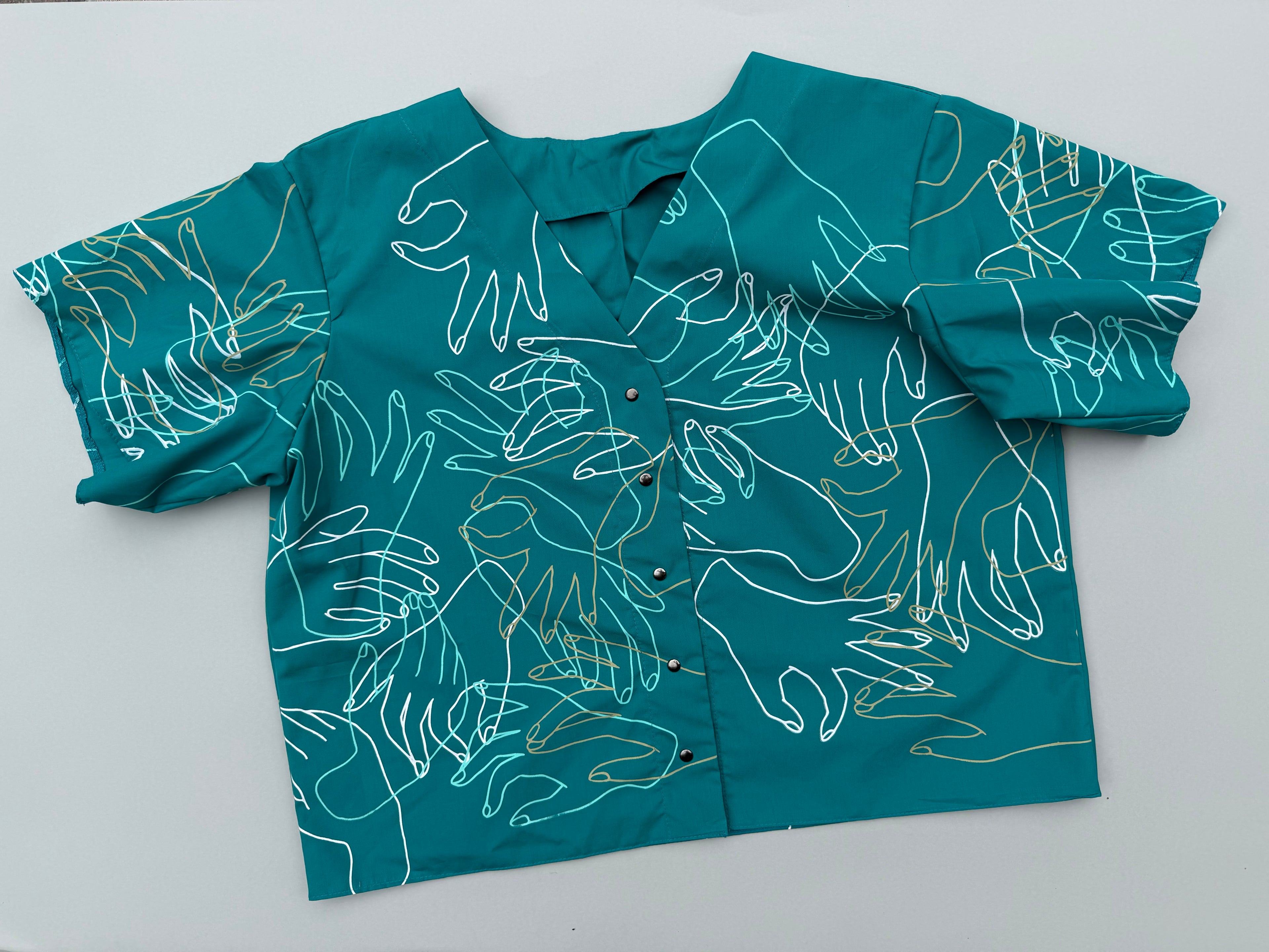 SITOLAB TURQUOISE HANDS PRINT MINI SHIRT