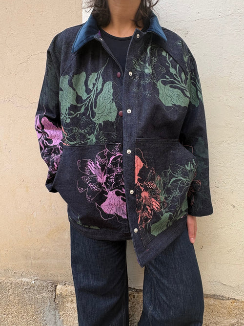 SITOLAB BOX DENIM JACKET WITH FLORAL PRINT
