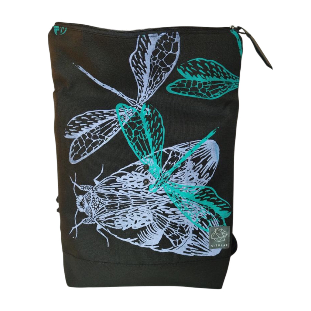 SITOLAB BLACK BAG BACKPACK DRAGONFLY MOTH WITH LEATHER DETAILS