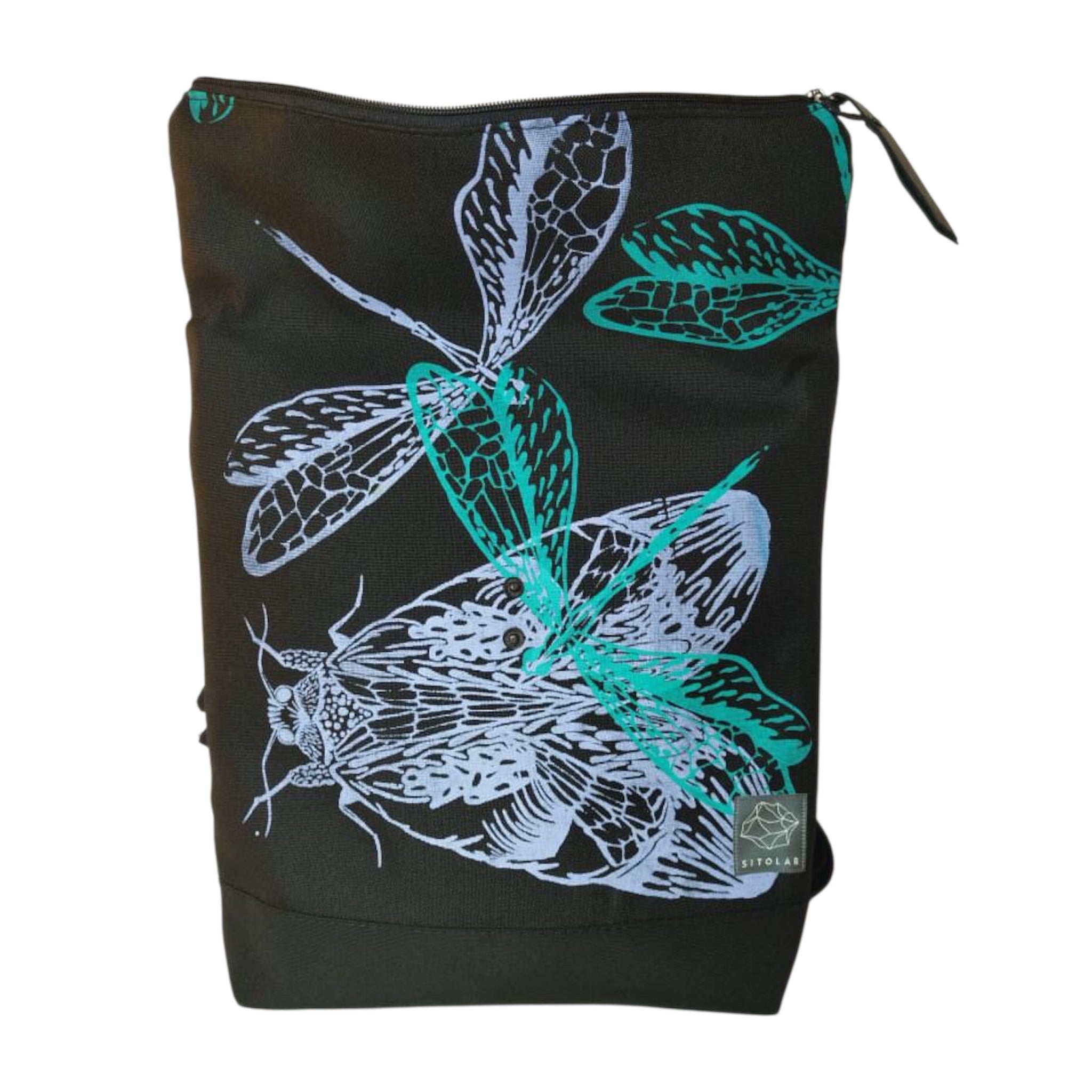 SITOLAB BLACK BAG BACKPACK DRAGONFLY MOTH WITH LEATHER DETAILS