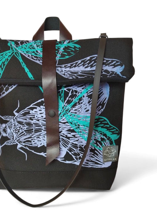 SITOLAB BLACK BAG BACKPACK DRAGONFLY MOTH WITH LEATHER DETAILS