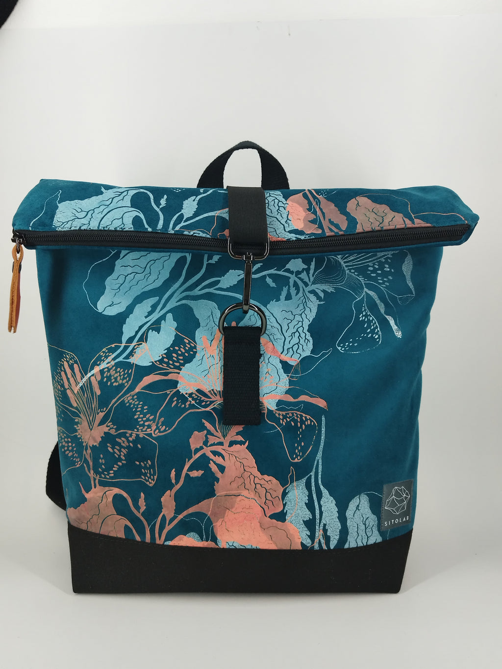 SITOLAB TURQUOISE VELVET BACKPACK W/ FLORAL PRINT