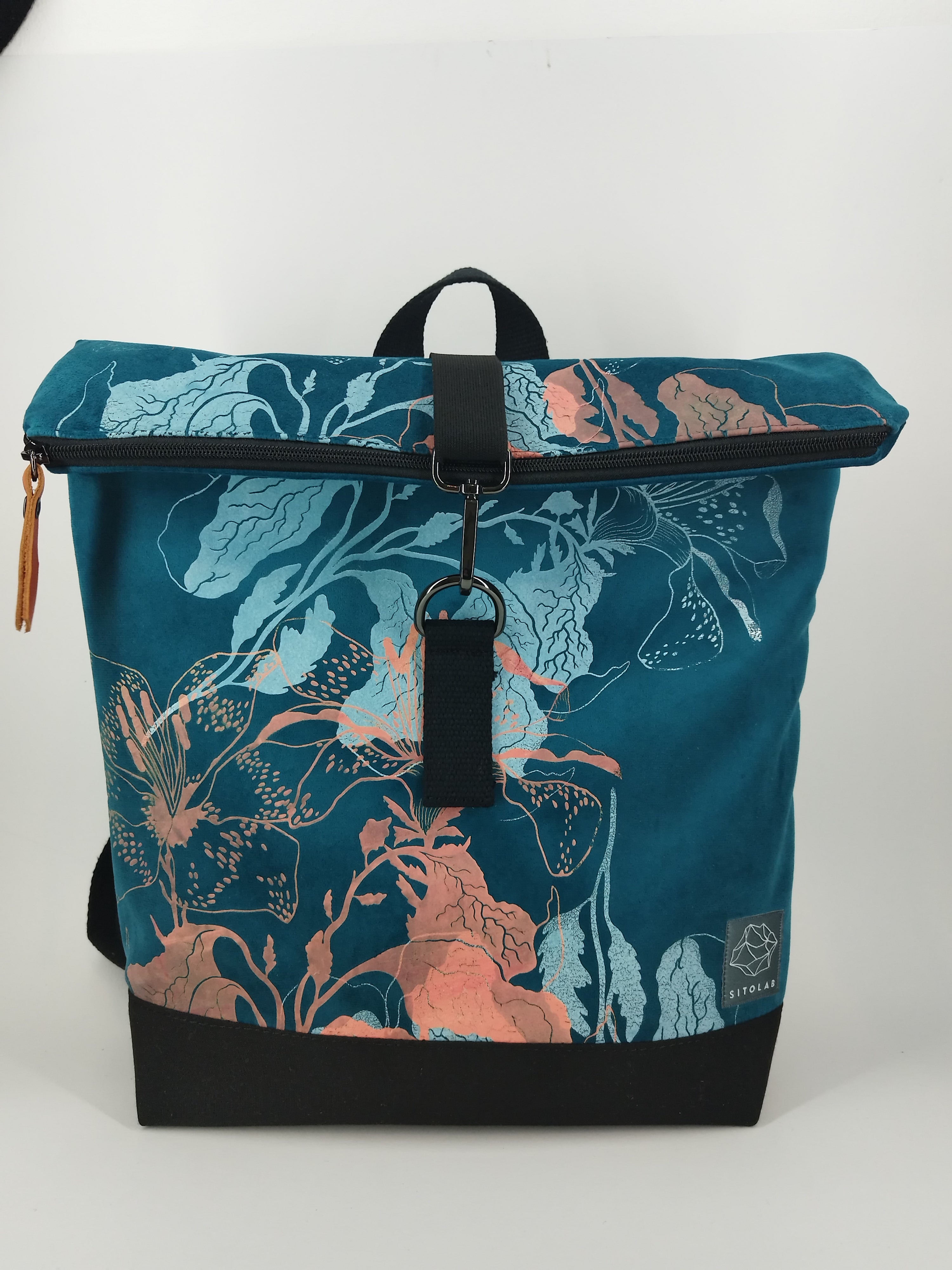SITOLAB TURQUOISE VELVET BACKPACK W/ FLORAL PRINT