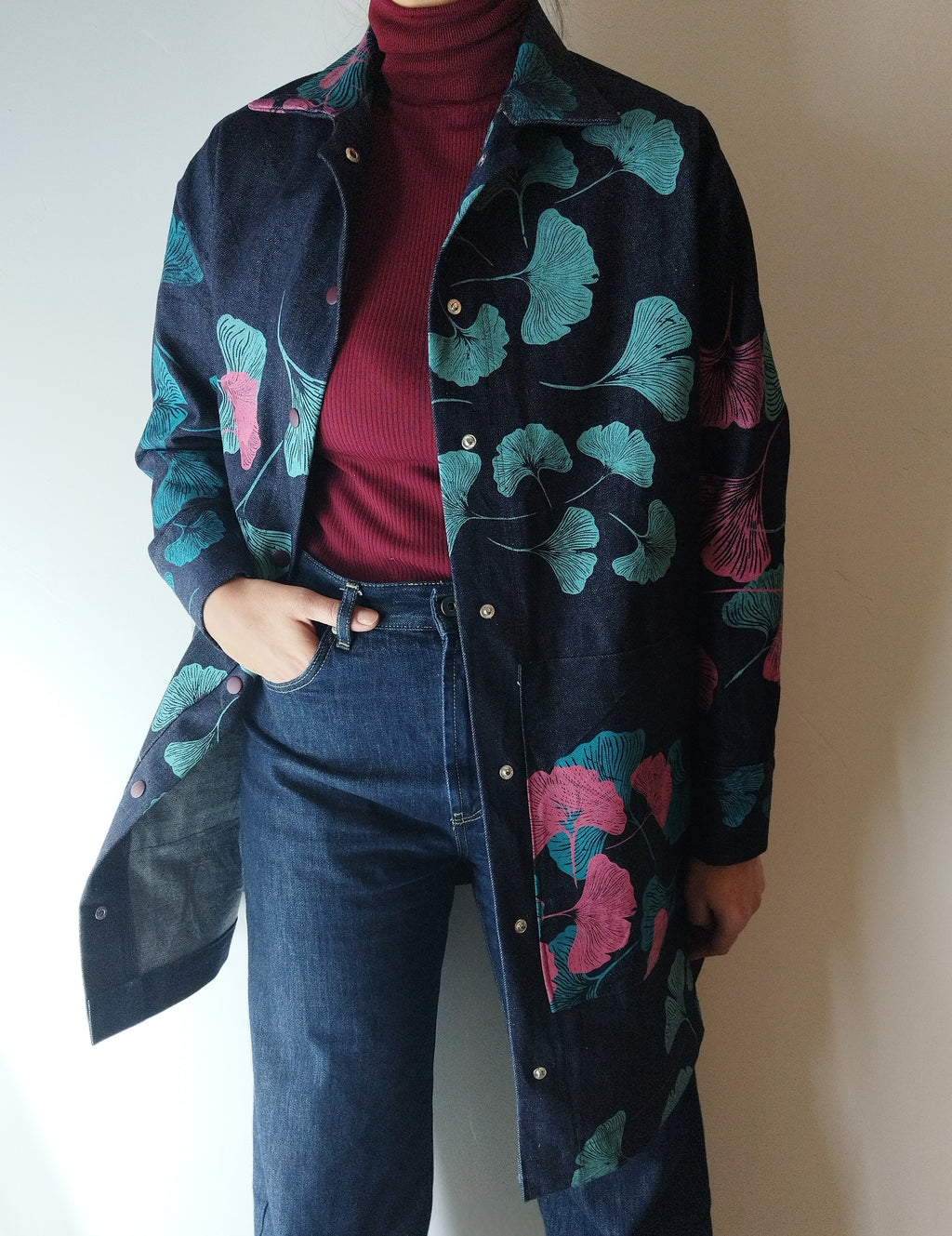 SITOLAB DENIM JACKET WITH GINKO PRINT