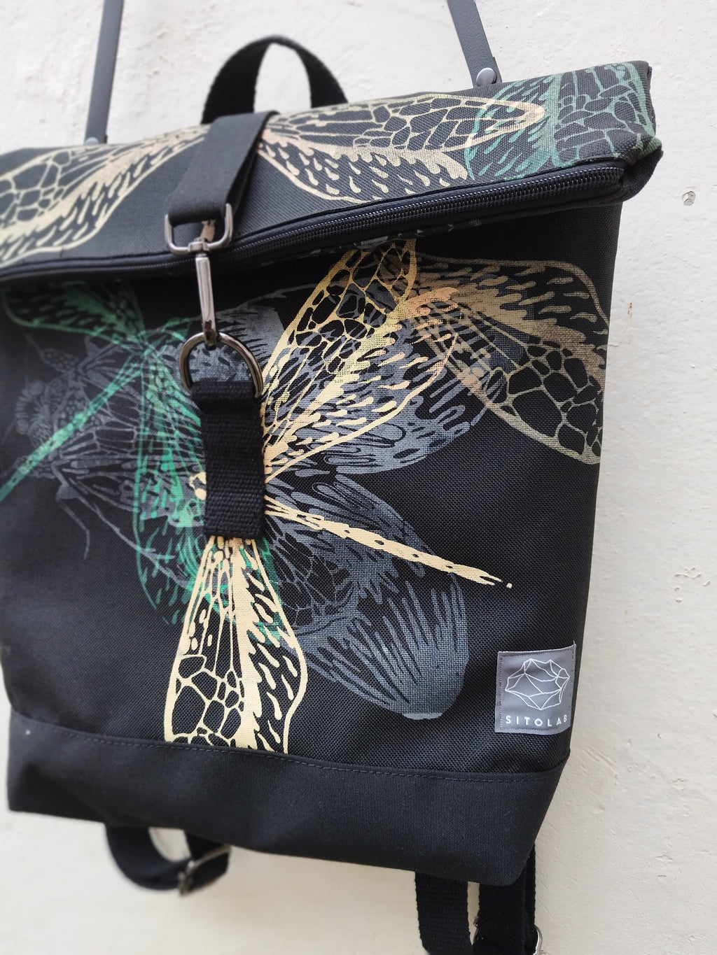 SITOLAB BLACK BACKPACK WITH INSECTS PRINT