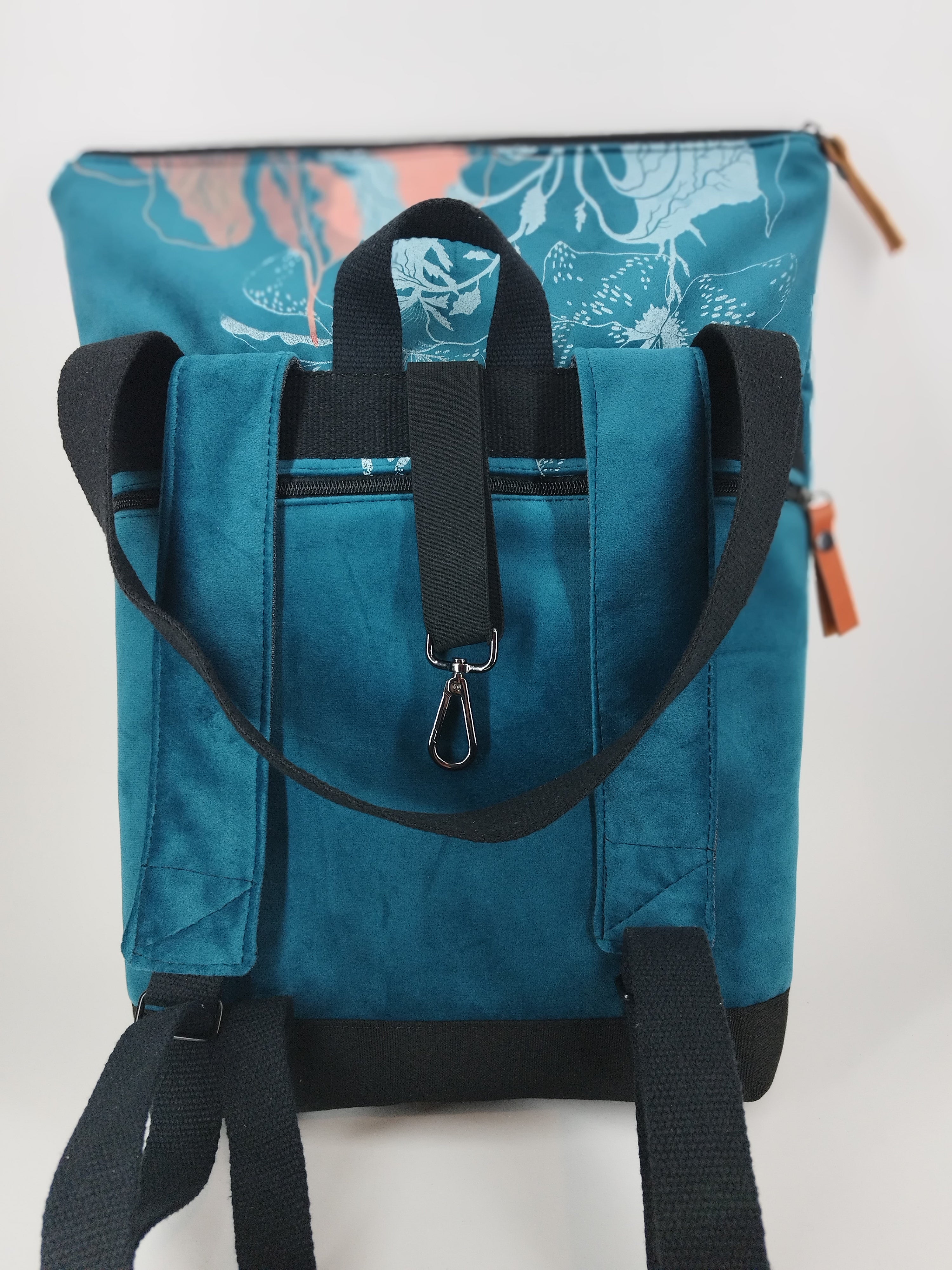 SITOLAB TURQUOISE VELVET BACKPACK W/ FLORAL PRINT